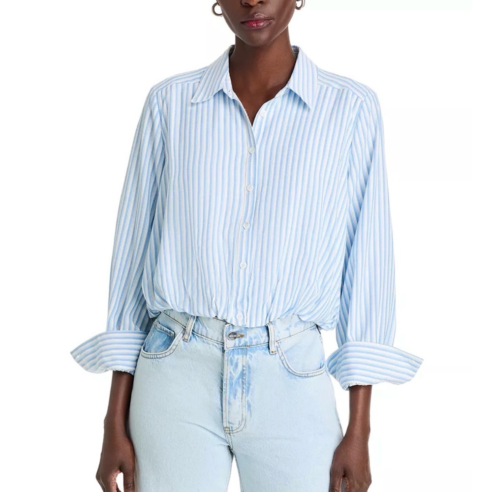 Aqua Striped Cropped Button-Down Bubble Shirt - image 1